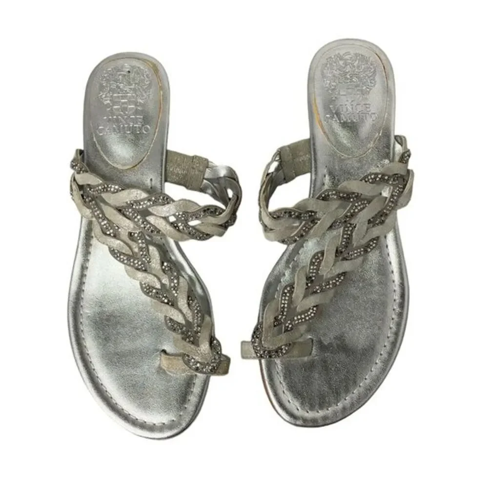 Vince Camuto Womens Silver Rhinestone Braided Wedge Thong Sandals Size‎ 6.5
